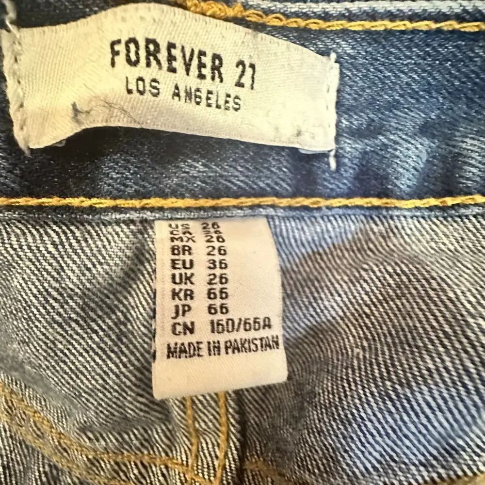 Forever 21 Denim Mini Skirt 26 Blue Button Front Raw‎ Hem Y2K Festival Indie